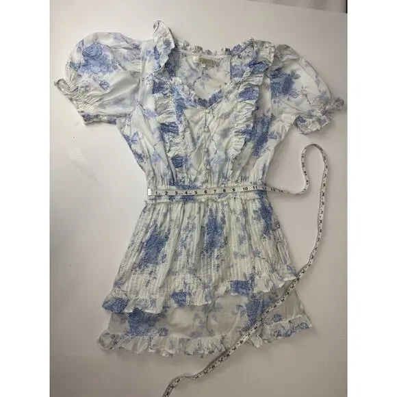 LoveShackFancy Blue & White Toile Ruffle Mini Dress Puff Sleeve Romantic Small - Picture 4 of 9